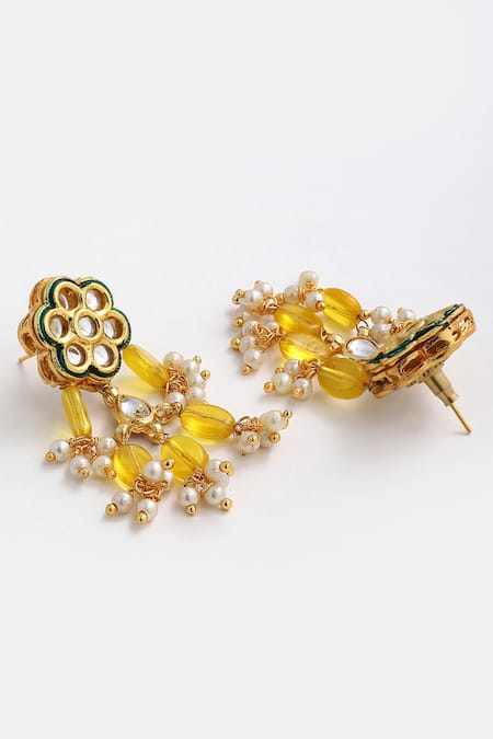 Dugran By Dugristyle_Gold Plated Pearls, Fabric Flowers Stone Drop Necklace Set _at_Aza_Fashions