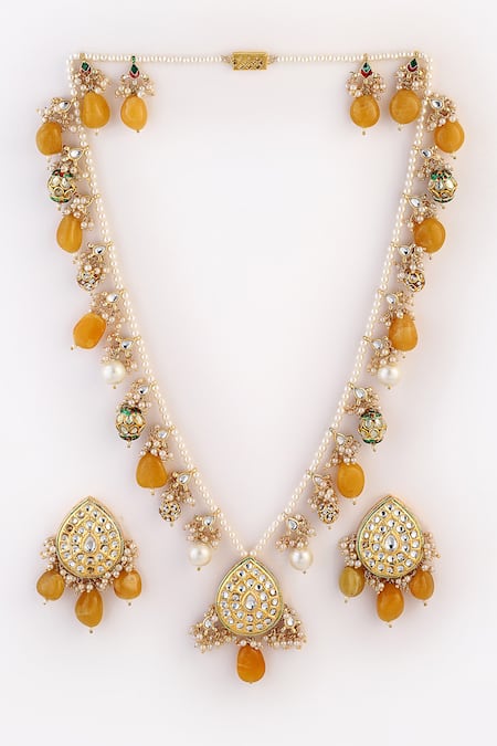 Dugran By Dugristyle Gold Plated Kundan Stone Drop Long Necklace Set 