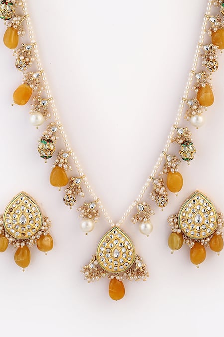 Shop Dugran By Dugristyle Gold Plated Pearls, Gota Patti, Stones Drop Long Necklace Set Online at Aza Fashions Shop_Dugran By Dugristyle_Gold Plated Pearls, Gota Patti, Stones Drop Long Necklace Set_Online_at_Aza_Fashions