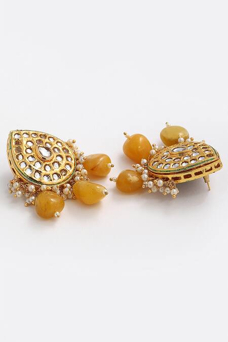 Dugran By Dugristyle_Gold Plated Pearls, Gota Patti, Stones Drop Long Necklace Set_at_Aza_Fashions