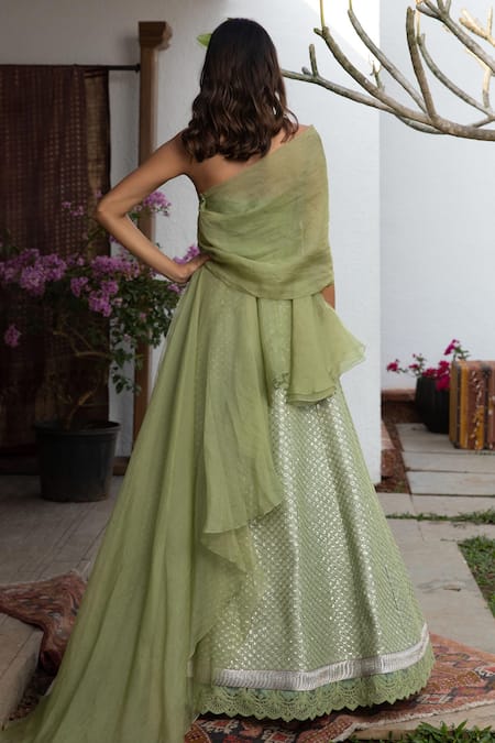 Shop_Jade By Monica & Karishma_Green Organza, Tulle Thread Work One Draped Choli And Embroidered Lehenga Set _at_Aza_Fashions