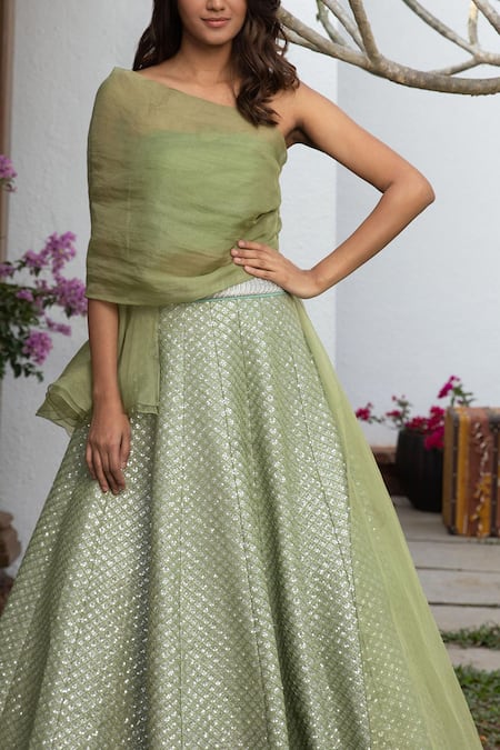 Jade By Monica & Karishma_Green Organza, Tulle Thread Work One Draped Choli And Embroidered Lehenga Set _Online_at_Aza_Fashions