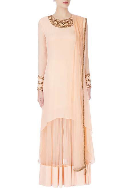 Shop_Nitika Kanodia Gupta_Peach Net, Crepe Silk Bugle Beads, Floral Embroidered Attached Lehenga Set_Online_at_Aza_Fashions