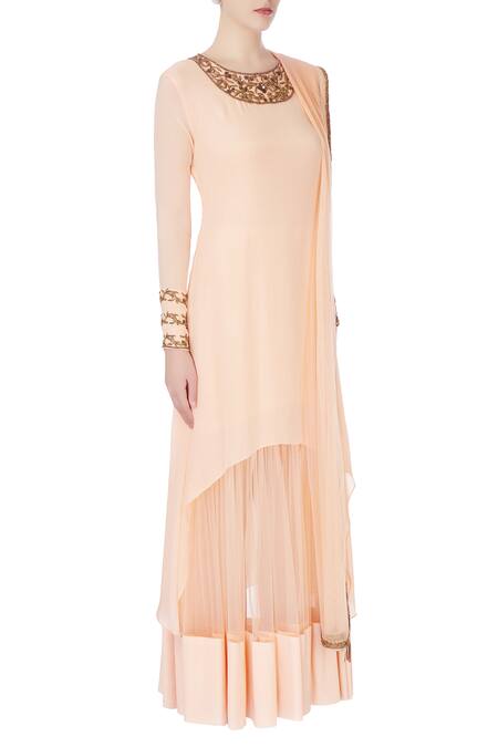 Nitika Kanodia Gupta_Peach Net, Crepe Silk Bugle Beads, Floral Embroidered Attached Lehenga Set_Online_at_Aza_Fashions