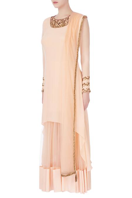 Buy_Nitika Kanodia Gupta_Peach Net, Crepe Silk Bugle Beads, Floral Embroidered Attached Lehenga Set_Online_at_Aza_Fashions