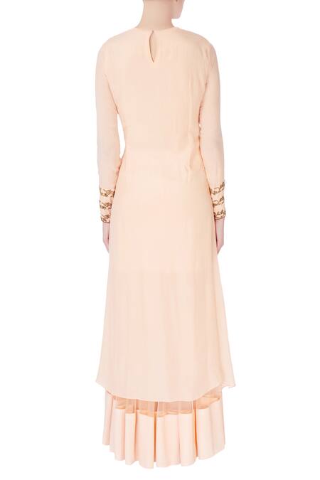 Shop_Nitika Kanodia Gupta_Peach Net, Crepe Silk Bugle Beads, Floral Embroidered Attached Lehenga Set_at_Aza_Fashions