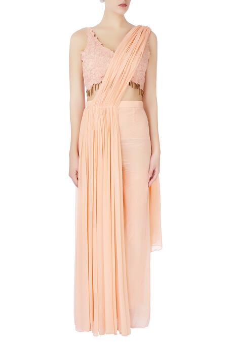 Shop Nitika Kanodia Gupta Peach Net, Crepe Silk Resham Work V Neck Saree With Attached Pallu And Pants Online at Aza Fashions Shop_Nitika Kanodia Gupta_Peach Net, Crepe Silk Resham Work V Neck Saree With Attached Pallu And Pants_Online_at_Aza_Fashions