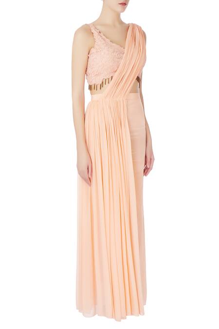 Nitika Kanodia Gupta Peach Net, Crepe Silk Resham Work V Neck Saree With Attached Pallu And Pants Online at Aza Fashions Nitika Kanodia Gupta_Peach Net, Crepe Silk Resham Work V Neck Saree With Attached Pallu And Pants_Online_at_Aza_Fashions
