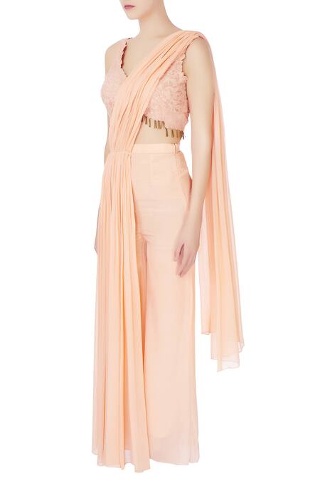 Buy Nitika Kanodia Gupta Peach Net, Crepe Silk Resham Work V Neck Saree With Attached Pallu And Pants Online at Aza Fashions Buy_Nitika Kanodia Gupta_Peach Net, Crepe Silk Resham Work V Neck Saree With Attached Pallu And Pants_Online_at_Aza_Fashions