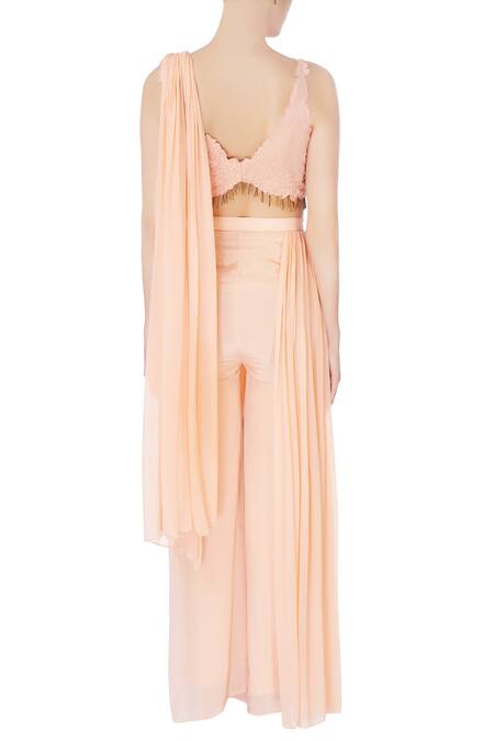 Shop Nitika Kanodia Gupta Peach Net, Crepe Silk Resham Work V Neck Saree With Attached Pallu And Pants at Aza Fashions Shop_Nitika Kanodia Gupta_Peach Net, Crepe Silk Resham Work V Neck Saree With Attached Pallu And Pants_at_Aza_Fashions