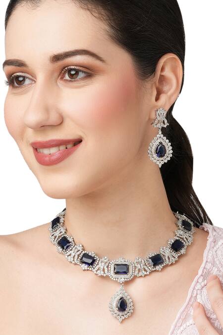 Mae Jewellery By Neelu Kedia_Blue Zircon, Sapphire, Rhodium Stone Embellished Necklace Set_at_Aza_Fashions