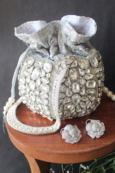 Nayaab By Sonia Silver Embroidery, Beads Silk Potli 