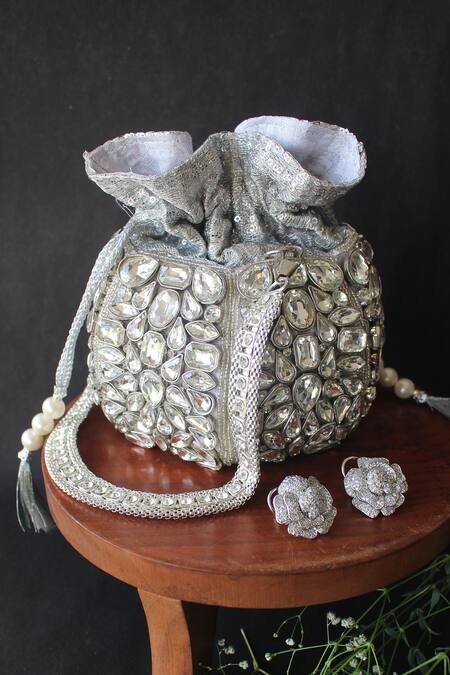 Nayaab By Sonia Silver Embroidery, Stones, Beads, Sequins Kundan And Cut Daana Potli Bag Online at Aza Fashions Nayaab By Sonia_Silver Embroidery, Stones, Beads, Sequins Kundan And Cut Daana Potli Bag _Online_at_Aza_Fashions