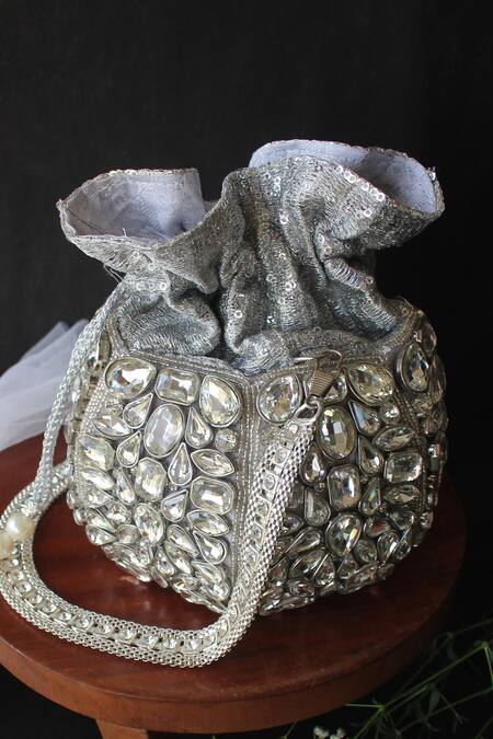 Shop Nayaab By Sonia Silver Embroidery, Stones, Beads, Sequins Kundan And Cut Daana Potli Bag Online at Aza Fashions Shop_Nayaab By Sonia_Silver Embroidery, Stones, Beads, Sequins Kundan And Cut Daana Potli Bag _Online_at_Aza_Fashions
