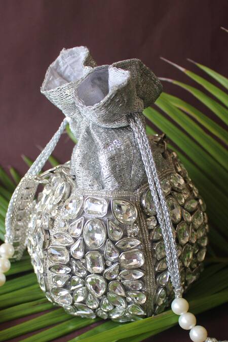 Nayaab By Sonia Silver Embroidery, Stones, Beads, Sequins Kundan And Cut Daana Potli Bag at Aza Fashions Nayaab By Sonia_Silver Embroidery, Stones, Beads, Sequins Kundan And Cut Daana Potli Bag _at_Aza_Fashions