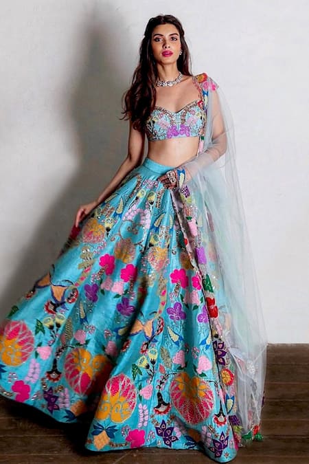 Aisha Rao Blue Raw Silk Sweetheart Neck Embroidered Bridal Lehenga Set  