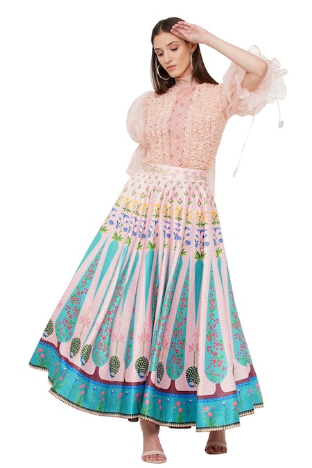 Limerick By Abirr N' Nanki_Off White Habutai Silk Miniature Rajasthan Painting Diana Printed Skirt _Online_at_Aza_Fashions