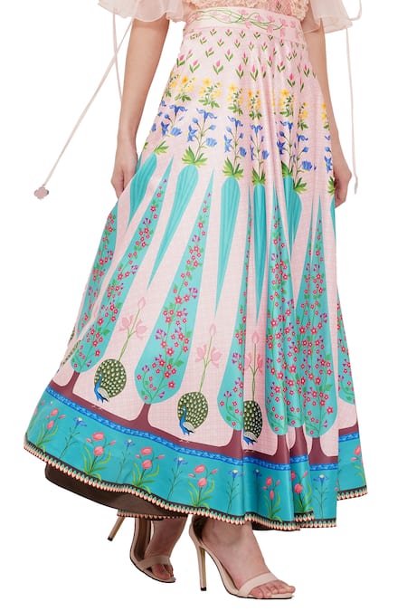 Limerick By Abirr N' Nanki_Off White Habutai Silk Miniature Rajasthan Painting Diana Printed Skirt _at_Aza_Fashions