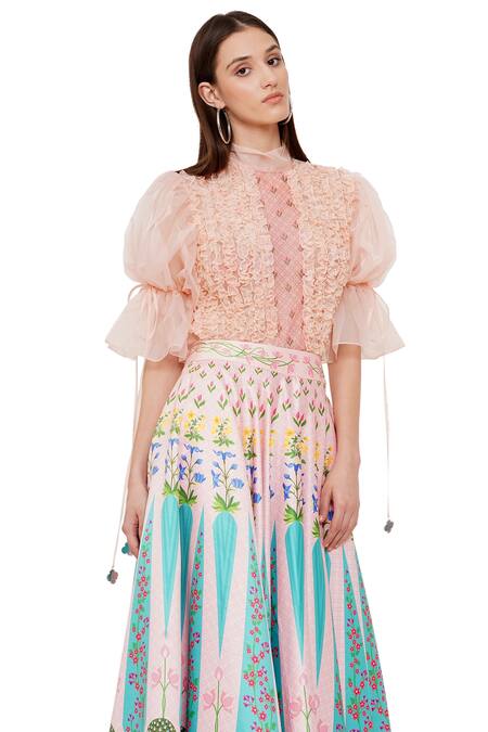 Buy_Limerick By Abirr N' Nanki_Pink Organza High Neck Diana Ruched Top _Online_at_Aza_Fashions