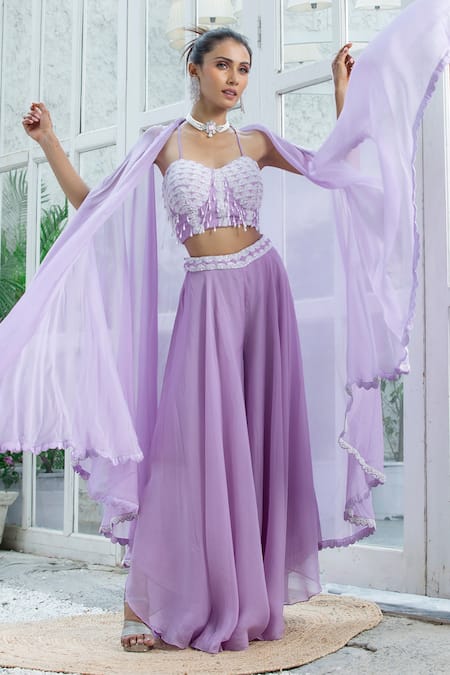 Shop Kanj By Priyanka A Sakhuja Purple Silk Tabby Sequin, Thread And Bead Work Blouse Diana Sharara Set at Aza Fashions Shop_Kanj By Priyanka A Sakhuja_Purple Silk Tabby Sequin, Thread And Bead Work Blouse Diana Sharara Set _at_Aza_Fashions