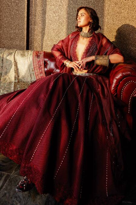 Jade By Monica & Karishma Red V Neck Embroidered Bridal Lehenga Set Online at Aza Fashions Jade By Monica & Karishma_Red V Neck Embroidered Bridal Lehenga Set _Online_at_Aza_Fashions