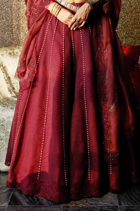 Shop Jade By Monica & Karishma Red V Neck Embroidered Bridal Lehenga Set Online at Aza Fashions Shop_Jade By Monica & Karishma_Red V Neck Embroidered Bridal Lehenga Set _Online_at_Aza_Fashions