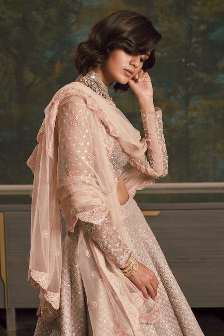 Jade By Monica & Karishma_Pink Dupatta Organza Round Embroidered Bridal Lehenga Set _Online_at_Aza_Fashions