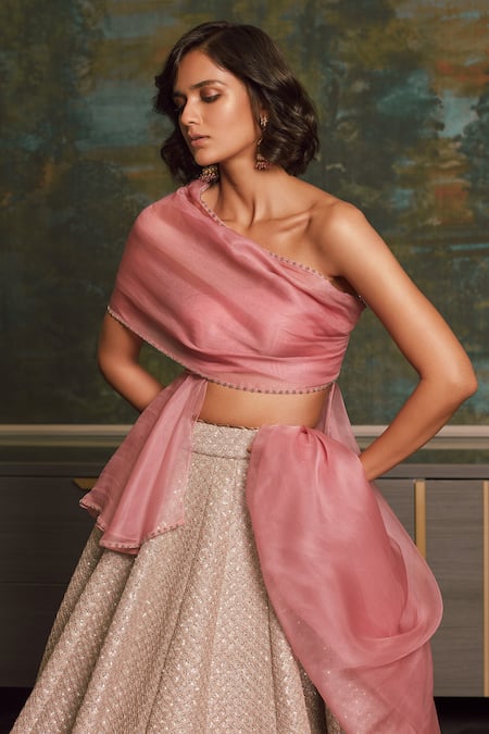 Jade By Monica & Karishma_Pink Organza Asymmetric Draped Blouse And Lehenga Set _Online_at_Aza_Fashions