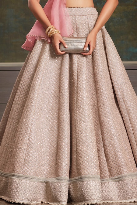 Buy_Jade By Monica & Karishma_Pink Organza Asymmetric Draped Blouse And Lehenga Set _Online_at_Aza_Fashions