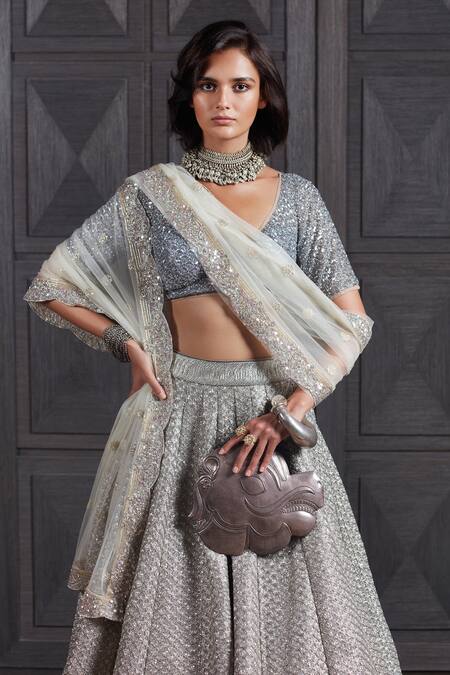 Jade By Monica & Karishma Blue Dupatta Organza V Neck Embroidered Bridal Lehenga Set Online at Aza Fashions Jade By Monica & Karishma_Blue Dupatta Organza V Neck Embroidered Bridal Lehenga Set _Online_at_Aza_Fashions