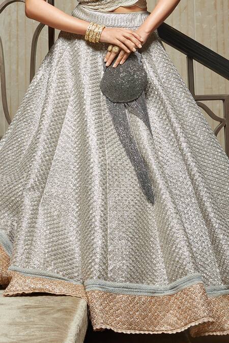 Buy_Jade By Monica & Karishma_Silver Top Organza V Neck Wrap And Lehenga Set _Online_at_Aza_Fashions