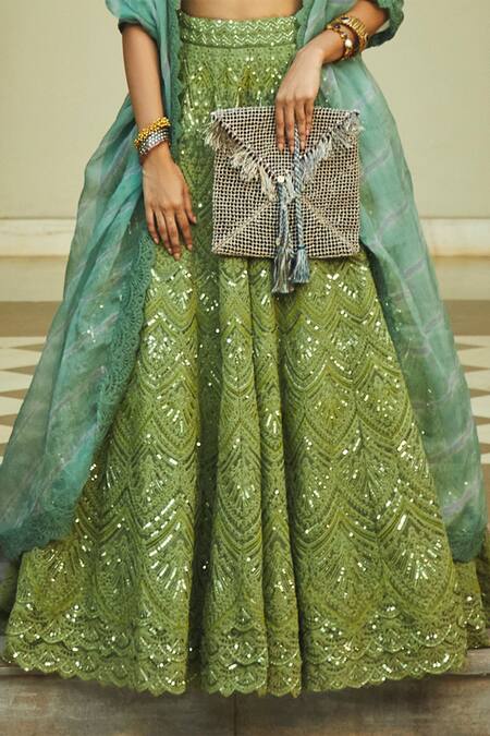 Buy_Jade By Monica & Karishma_Green Blouse And Lehenga Net V Neck Embroidered Bridal Set _Online_at_Aza_Fashions