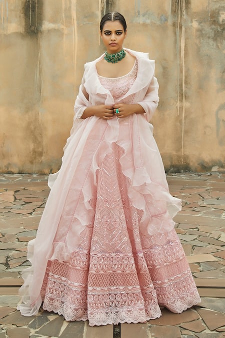 JADE BY MONICA & KARISHMA_Peach Net Embroidery U Neck Lehenga Set _Online_at_Aza_Fashions