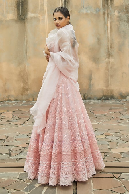 Shop_JADE BY MONICA & KARISHMA_Peach Net Embroidery U Neck Lehenga Set _at_Aza_Fashions