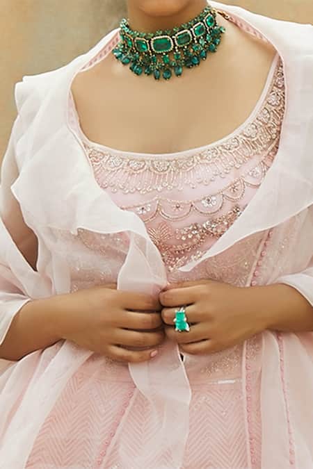 Buy_JADE BY MONICA & KARISHMA_Peach Net Embroidery U Neck Lehenga Set _Online_at_Aza_Fashions