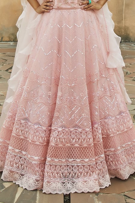 Shop_JADE BY MONICA & KARISHMA_Peach Net Embroidery U Neck Lehenga Set _Online_at_Aza_Fashions