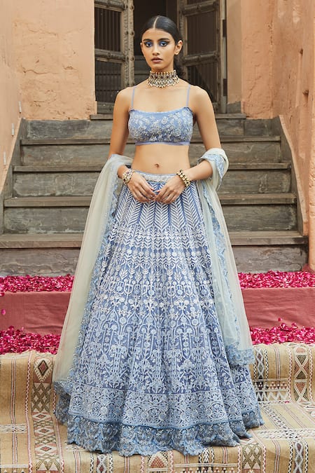 Buy Blue Net Embroidery U Neck Bridal Lehenga Set For Women by Jade by  Monica and Karishma Online at Aza Fashions.