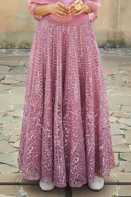 Buy_Jade By Monica & Karishma_Pink Organza, Net Off Shoulder Flared Gown _Online_at_Aza_Fashions