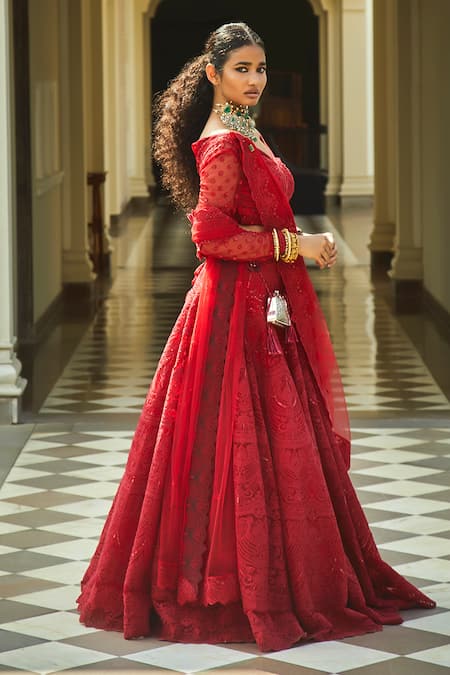 Jade By Monica & Karishma Red Net V Neck Embroidered Lehenga Set Online at Aza Fashions Jade By Monica & Karishma_Red Net V Neck Embroidered Lehenga Set _Online_at_Aza_Fashions