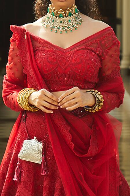 Buy Jade By Monica & Karishma Red Net V Neck Embroidered Lehenga Set Online at Aza Fashions Buy_Jade By Monica & Karishma_Red Net V Neck Embroidered Lehenga Set _Online_at_Aza_Fashions