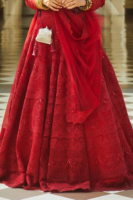Shop Jade By Monica & Karishma Red Net V Neck Embroidered Lehenga Set Online at Aza Fashions Shop_Jade By Monica & Karishma_Red Net V Neck Embroidered Lehenga Set _Online_at_Aza_Fashions