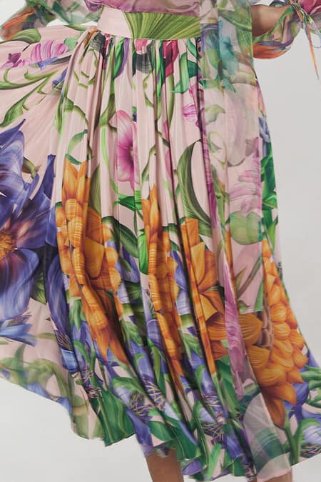 Limerick By Abirr N' Nanki_Pink Organza Printed Asymmetric Skirt _Online_at_Aza_Fashions