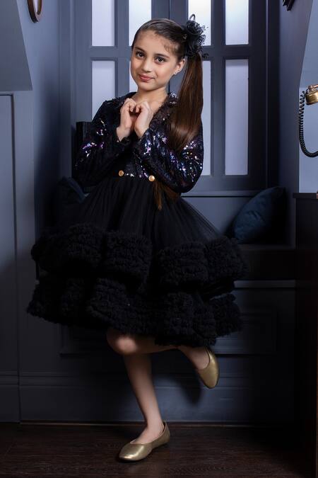 Shop_Hoity Moppet_Black Satin, Tulle Sequins, Metallic Thread Disco Ball Work Dress_Online_at_Aza_Fashions