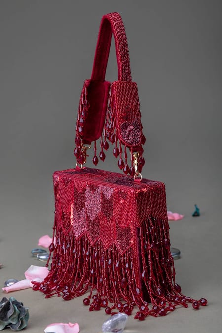 Shop Eena Red Sequins, Cut Work Embellished Box Clutch at Aza Fashions Shop_Eena_Red Sequins, Cut Work Embellished Box Clutch _at_Aza_Fashions