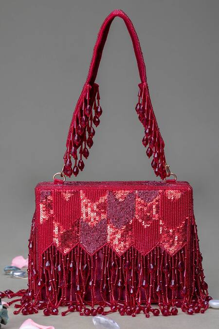 Eena Red Sequins, Cut Work Embellished Box Clutch Online at Aza Fashions Eena_Red Sequins, Cut Work Embellished Box Clutch _Online_at_Aza_Fashions
