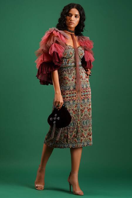 Nidhi Yasha_Maroon Viscose Ruffled Cape _Online_at_Aza_Fashions