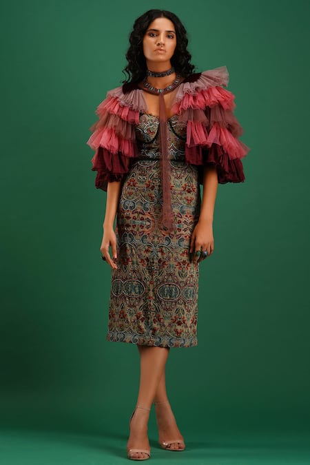 Buy_Nidhi Yasha_Maroon Viscose Ruffled Cape _Online_at_Aza_Fashions