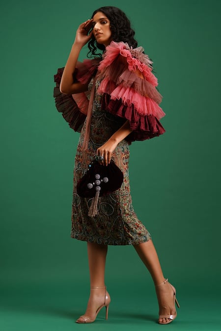 Shop_Nidhi Yasha_Maroon Viscose Ruffled Cape _Online_at_Aza_Fashions