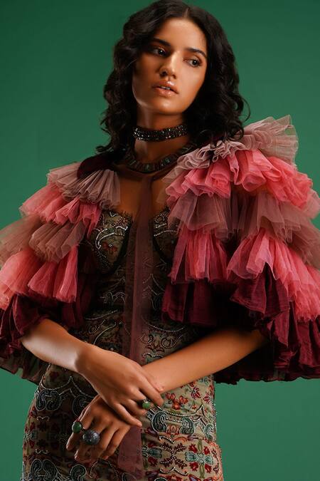 Nidhi Yasha_Maroon Viscose Ruffled Cape _at_Aza_Fashions