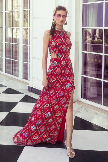 DiyaRajvvir_Red Georgette, Linen Tassels Halter Neck Diamond Frame Print Gown _Online_at_Aza_Fashions